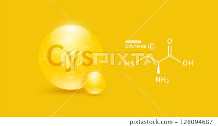 Cysteine amino acid yellow and chemical formula structural. Biomolecules that combine to form proteins nutrients necessary for health muscle. For dietary supplements ads. Medical scientific. Vector. 128094687