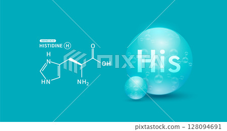 Histidine amino acid blue and chemical formula structural. Biomolecules that combine to form proteins nutrients necessary for health muscle. For dietary supplements ads. Medical scientific. Vector. 128094691