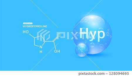 Hydroxyproline amino acid blue and chemical formula structural. Biomolecules that combine to form proteins nutrients necessary for health muscle. For dietary supplements ads. Vector. 128094693