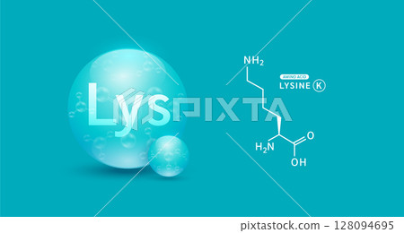 Lysine amino acid blue and chemical formula structural. Biomolecules that combine to form proteins nutrients necessary for health muscle. For dietary supplements ads. Medical scientific. Vector. 128094695