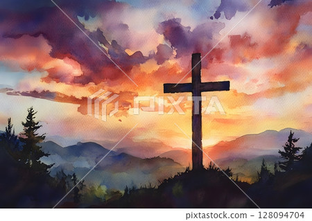 dramatic sky at sunrise behind cross in watercolor spiritual art dramatic sky at sunrise behind cross in watercolor spiritual art 128094704