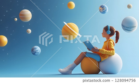 online science class in 3d style with floating planets and child watching 128094756