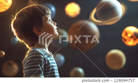 online science class in 3d style with floating planets and child watching 128094757