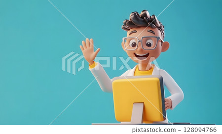 3d render student waving at screen ending online class session 3d render student waving at screen ending online class session 128094766