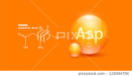 Aspartic amino acid orange and chemical formula structural. Biomolecules that combine to form proteins nutrients necessary for health muscle. For dietary supplements ads. Medical scientific. Vector. 128094798