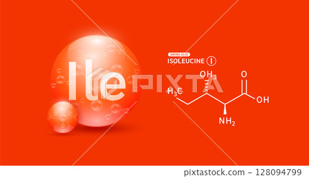 Isoleucine amino red and chemical formula structural. Biomolecules that combine to form proteins nutrients necessary for health muscle. For dietary supplements ads. Medical scientific. Vector. 128094799