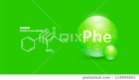 Phenylalanine amino green and chemical formula structural. Biomolecules that combine to form proteins nutrients necessary for health muscle. For dietary supplements ads. Medical scientific. Vector. 128094801