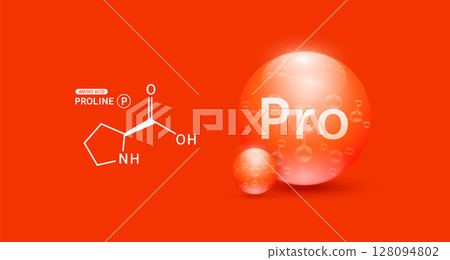 Proline amino red and chemical formula structural. Biomolecules that combine to form proteins nutrients necessary for health muscle. For dietary supplements ads. Medical scientific. Vector. Proline amino red and chemical formula structural. Biomolecules that combine to form proteins nutrients necessary for health muscle. For dietary supplements ads. Medical scientific. Vector. 128094802