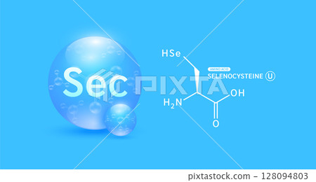 Selenocysteine amino blue and chemical formula structural. Biomolecules that combine to form proteins nutrients necessary for health muscle. For dietary supplements ads. Medical scientific. Vector. Selenocysteine amino blue and chemical formula structural. Biomolecules that combine to form proteins nutrients necessary for health muscle. For dietary supplements ads. Medical scientific. Vector. 128094803