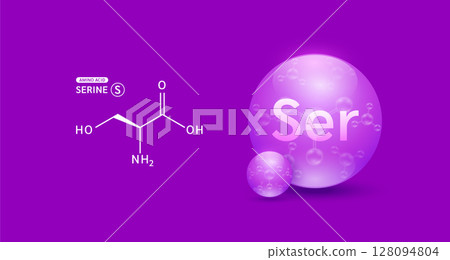 Serine amino purple and chemical formula structural. Biomolecules that combine to form proteins nutrients necessary for health muscle. For dietary supplements ads. Medical scientific. Vector. 128094804