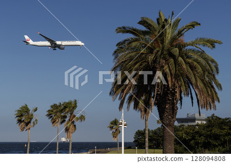 A plane flying through a tropical landscape A plane flying through a tropical landscape 128094808