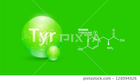 Tyrosine amino green and chemical formula structural. Biomolecules that combine to form proteins nutrients necessary for health muscle. For dietary supplements ads. Medical scientific. Vector. 128094826