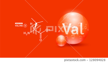 Valine amino red and chemical formula structural. Biomolecules that combine to form proteins nutrients necessary for health muscle. For dietary supplements ads. Medical scientific. Vector. Valine amino red and chemical formula structural. Biomolecules that combine to form proteins nutrients necessary for health muscle. For dietary supplements ads. Medical scientific. Vector. 128094828