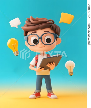 school from home 3D student character with tablet icons like lightbulb and notebook around 128094864