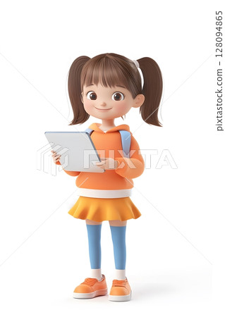 smart girl with ponytail holding tablet floating education graphics in 3D smart girl with ponytail holding tablet floating education graphics in 3D 128094865