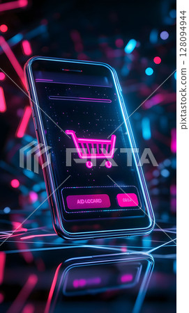 glowing mobile screen with buy now and add to cart buttons 128094944