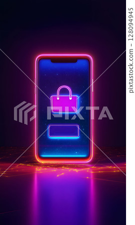 glowing mobile screen with buy now and add to cart buttons 128094945