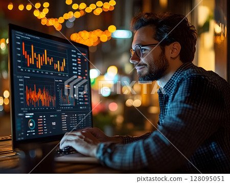 entrepreneur working at night with financial dashboard open, 128095051