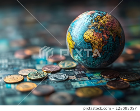 economy and inflation concept with globe and currency symbols, 128095057