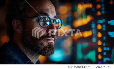 crypto trader looking at charts on dual monitors, night setting, 128095060