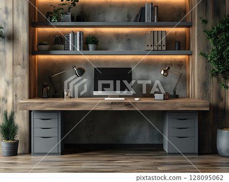 modern home office with cozy decor and fashion magazine, 128095062