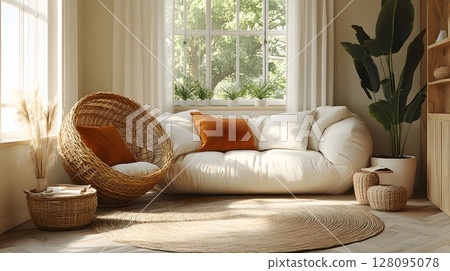 modern boho-style living room with lifestyle items, 128095078