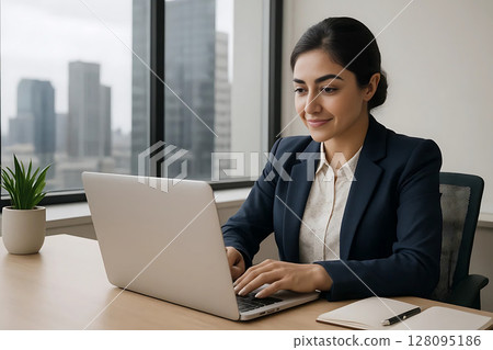 Businesswoman Working on Laptop in Modern Office Businesswoman Working on Laptop in Modern Office 128095186
