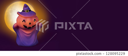 Purple banner with halloween pumpkin doll on yellow moon background. Purple banner with halloween pumpkin doll on yellow moon background. 128095229