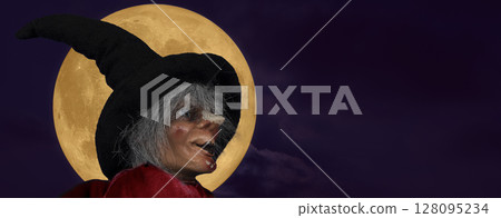 Old Halloween witch on the background of the moon and dark sky. Old Halloween witch on the background of the moon and dark sky. 128095234