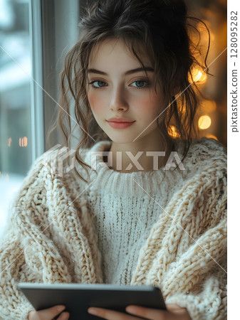 teenager learning from tablet in cozy bedroom, online school, 128095282