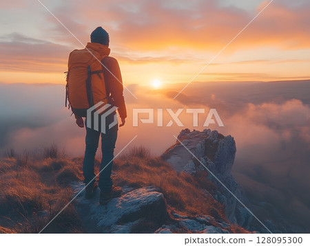 solo backpacker standing on cliff at sunrise, freedom travel concept, 128095300