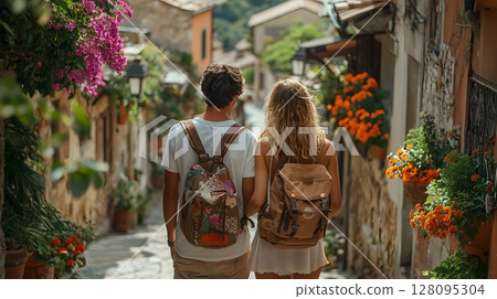 couple exploring historic European town, sunny afternoon, 128095304