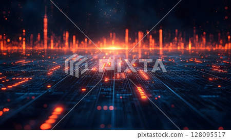 blue glowing grid with economic metrics and arrows 128095517