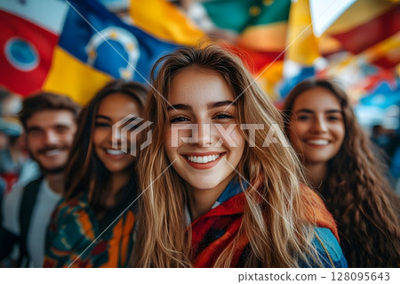 friends celebrating cultural day together with flags 128095643