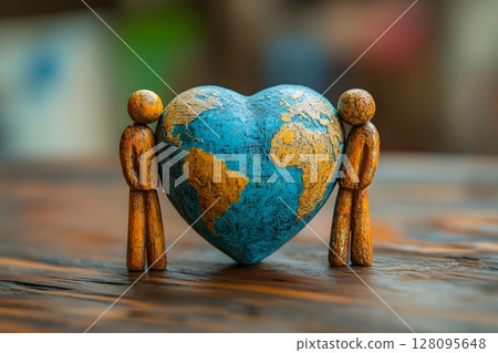 friendship symbol with heart shaped globe and people around it friendship symbol with heart shaped globe and people around it 128095648