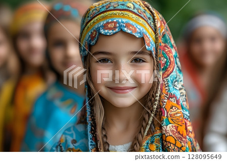 international children smiling in cultural clothes for peace 128095649