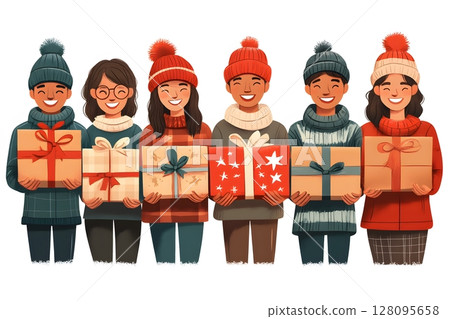 happy people from different nations exchanging gifts 128095658