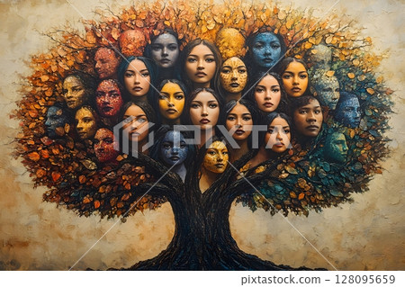 symbolic tree of friendship with diverse faces as leaves symbolic tree of friendship with diverse faces as leaves 128095659