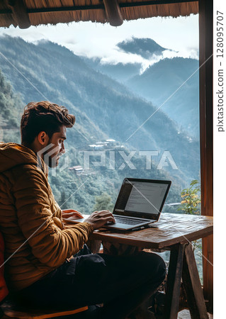 digital nomad checking emails with mountain view, freedom lifestyle, 128095707