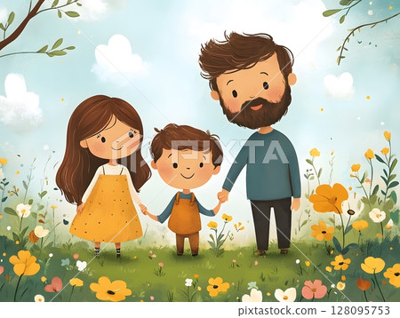 happy family with three children walking together outdoors happy family with three children walking together outdoors 128095753