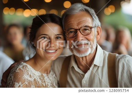 elderly couple surrounded by large extended family 128095754
