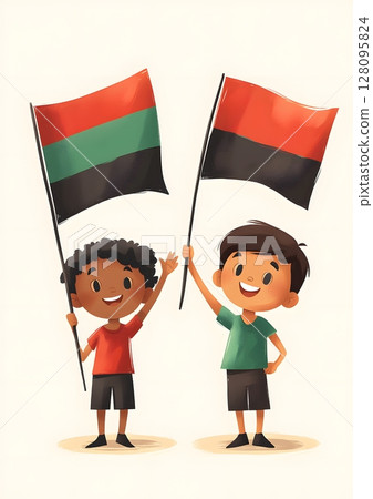 3d illustration of kids waving red black and green flags, joyful juneteenth celebration, cartoon style 3d illustration of kids waving red black and green flags, joyful juneteenth celebration, cartoon style 128095824