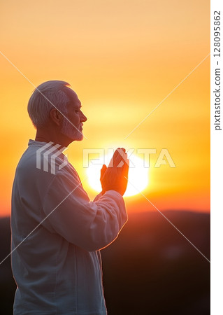 elderly man doing yoga at sunrise, wellness aging, 128095862