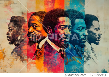 artistic collage of black leaders and icons in juneteenth theme, colorful background 128095931