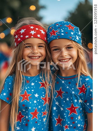 happy family wearing red white blue outfits for holiday celebration, summer park 128095958