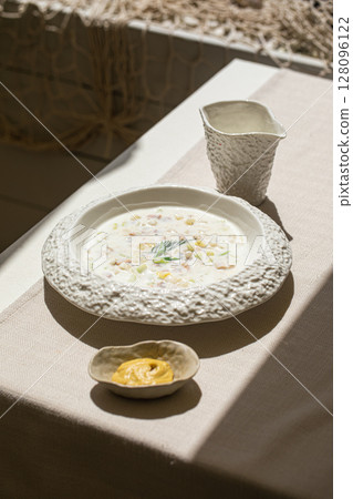 Cold okroshka soup with kefir and vegetables Cold okroshka soup with kefir and vegetables 128096122