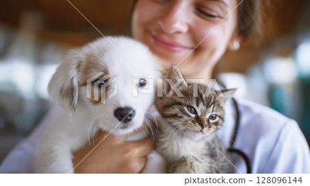 Cute kitten and puppy in the arms of a female veterinarian, in a veterinary clinic. Concept of advertising veterinary services and pet care.  128096144