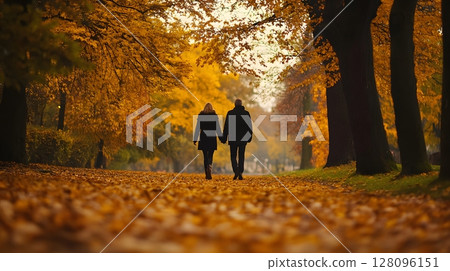 senior couple walking hand in hand in autumn park, 128096151