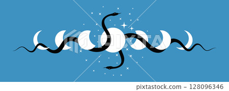 Celestial Moon Phases and mystical sacred snakes border frame, wicca banner sign. Triple moon pagan Wiccan goddess symbol, boho style, vector isolated on light blue background Celestial Moon Phases and mystical sacred snakes border frame, wicca banner sign. Triple moon pagan Wiccan goddess symbol, boho style, vector isolated on light blue background 128096346