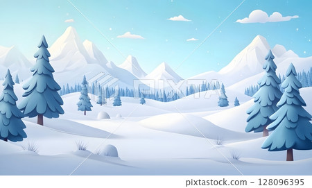 frozen alpine landscape, isometric 3D illustration of snow hills and fir trees, winter sky, 128096395
